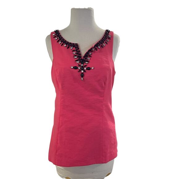 Lilly Pulitzer Tops - Lilly Pulitzer Coral Beaded Rhinestone Neckline Sz 6 Sleeveless Zip Back Lined
